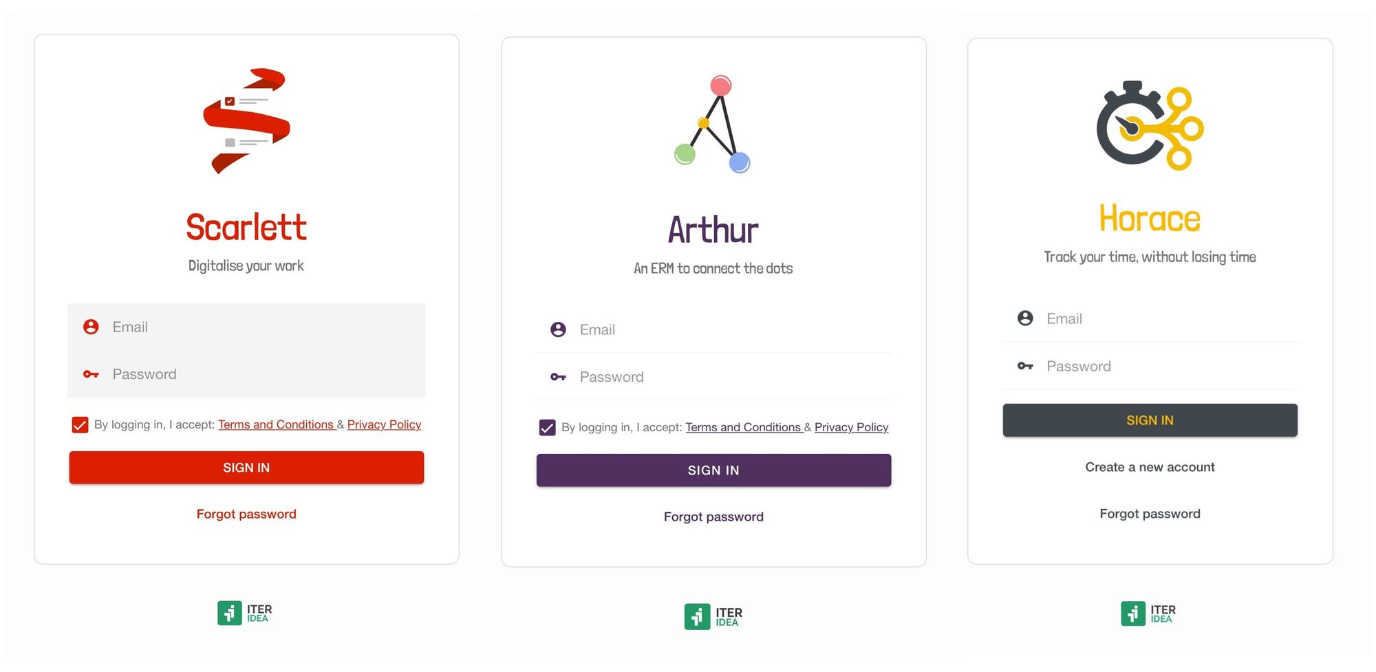 The login screen across the different IDEA services